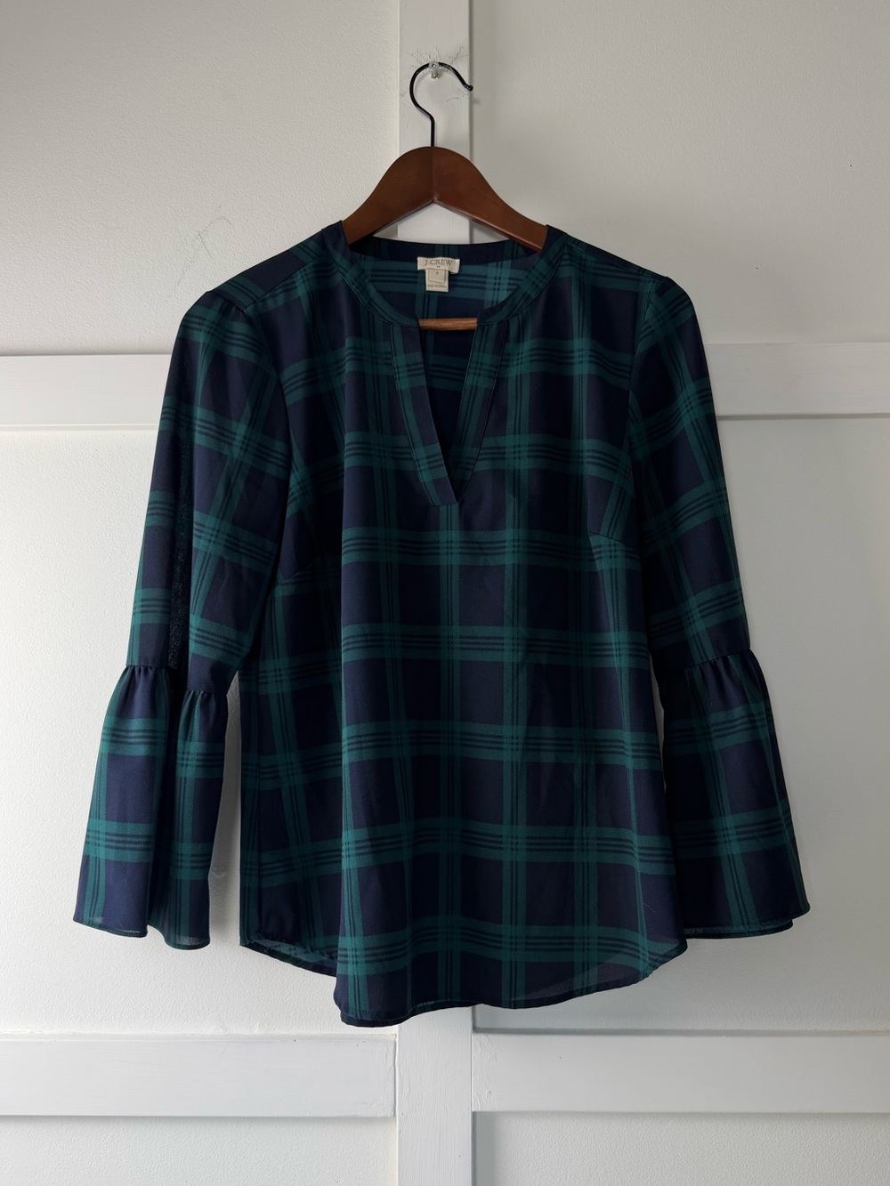 J.Crew Navy & Green Plaid Bell Sleeve Blouse Size S